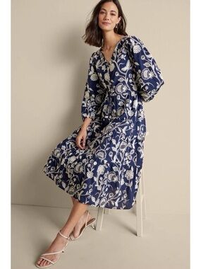 Soft Surroundings Tilda Embroidered Floral Blue Midi Dress Women’s 2 Petite